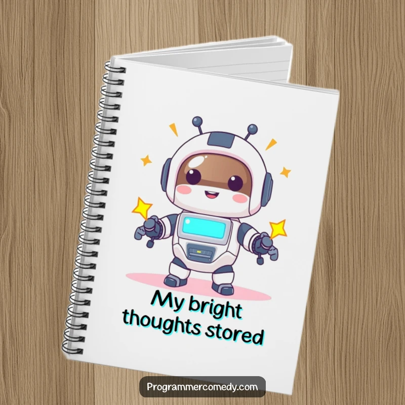 Funny robot animal notebook with a happy character powering up with a bright screen, perfect for capturing brilliant ideas.