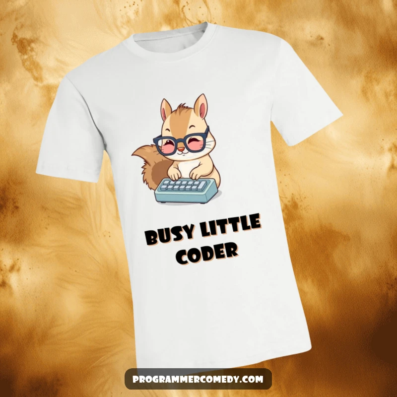 Funny squirrel T-shirt of a cute, bespectacled squirrel typing with gusto on a tiny keyboard, looking like a coder.