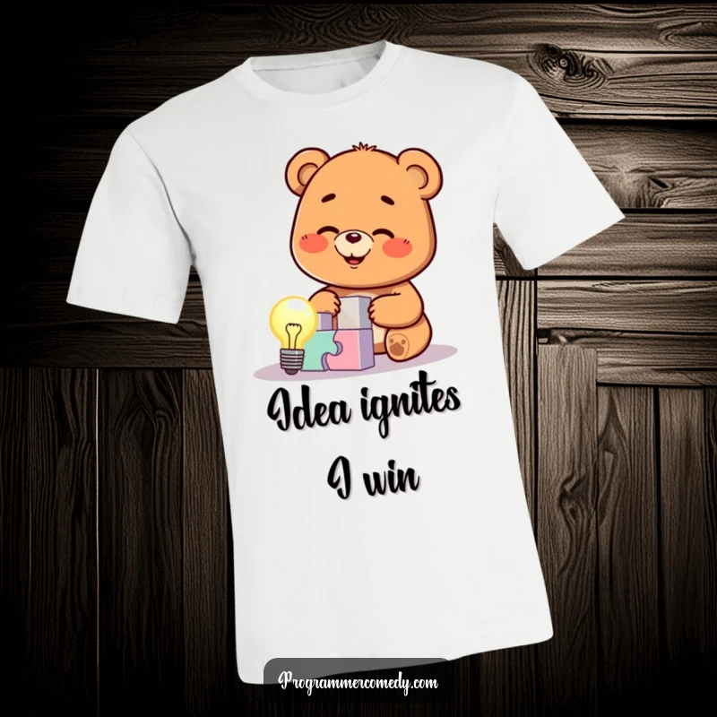 Funny smiling bear cub character triumphantly solving a difficult puzzle, lightbulb illuminated, showcasing intelligence and a sense of accomplishment, great for gifts.