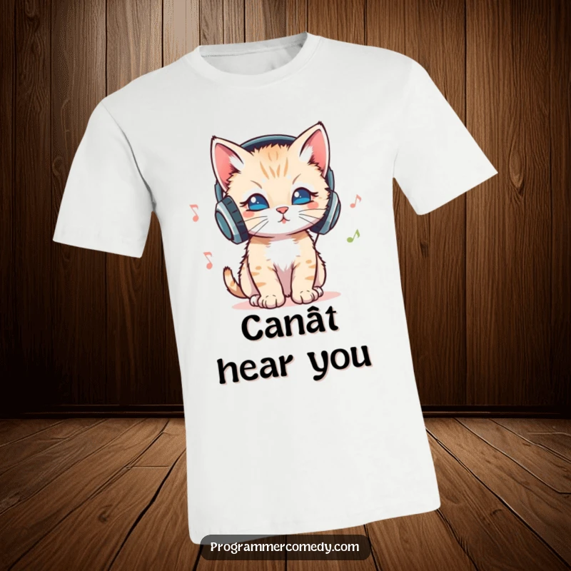 Funny kitten with headphones bops head to music on a t-shirt, a fantastic funny gift for music lovers.