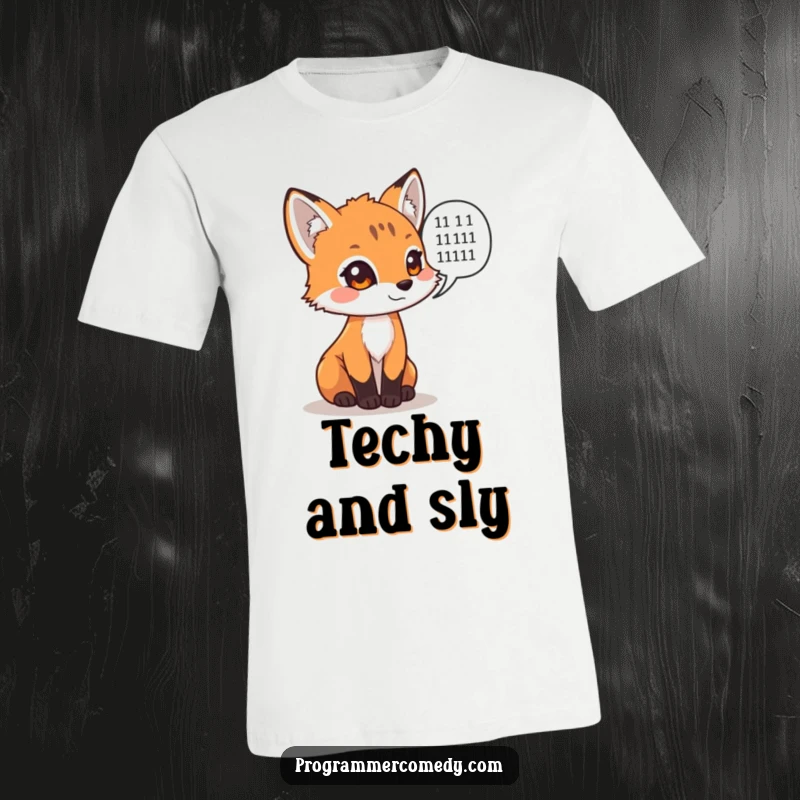 Funny fox cub with binary code speech bubble on a t-shirt, an excellent funny gift for programmers.