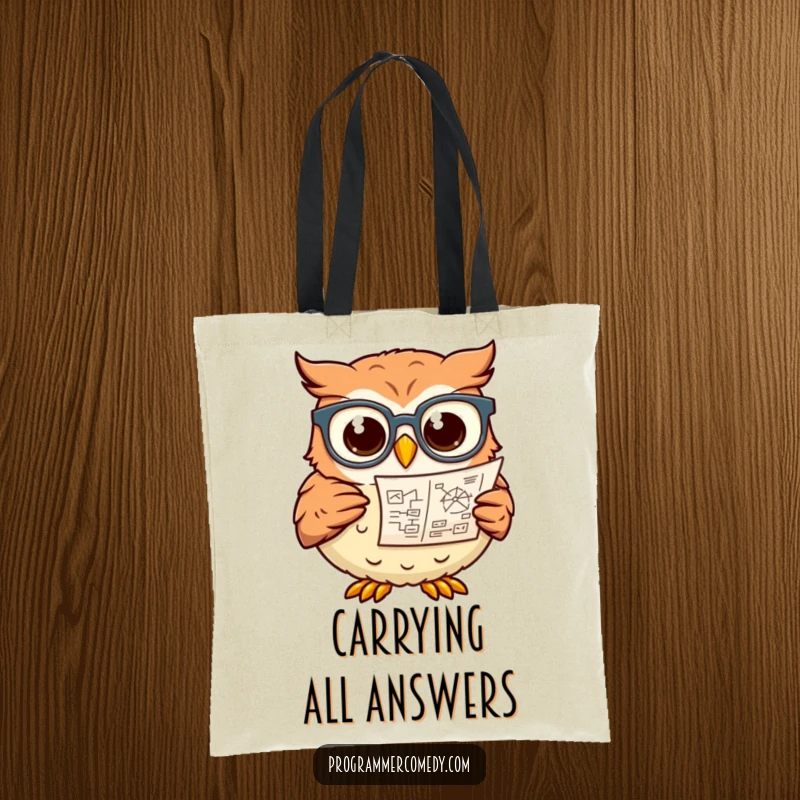 Funny owl with glasses pores over a diagram on a sturdy tote bag, a brilliant funny gift.