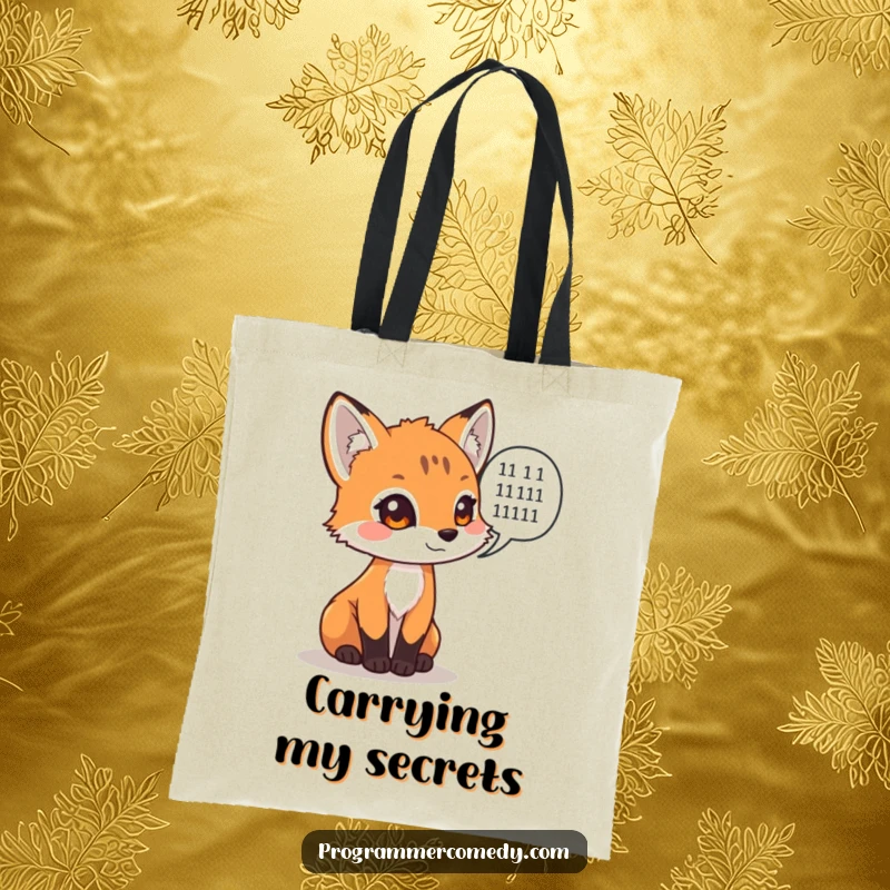 Funny fox cub with a speech bubble of binary code on a tote bag, a witty funny gift.