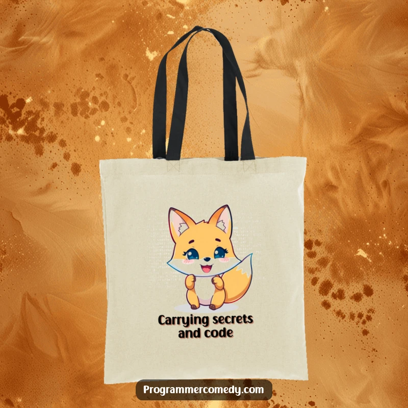 Funny fox tote bag showing a joyful character analyzing code on a holographic display, perfect for carrying tech essentials.